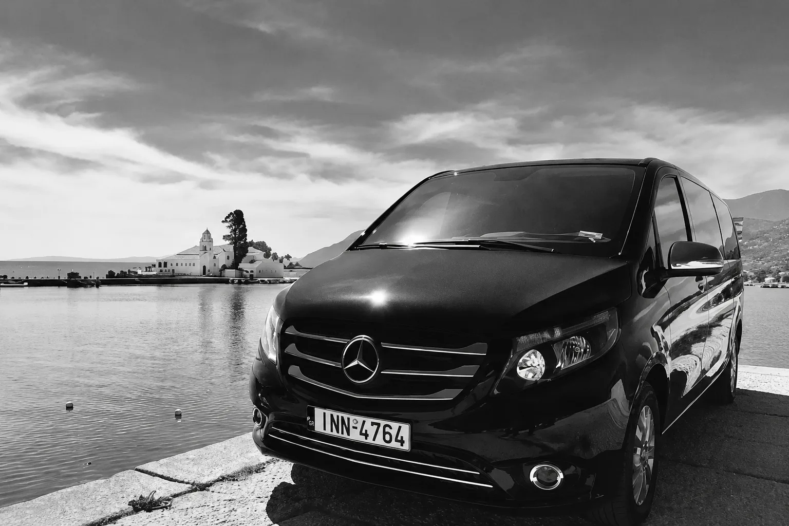 The V-Class on the quay beside Vlacherna monastery at Kanoni, Corfu