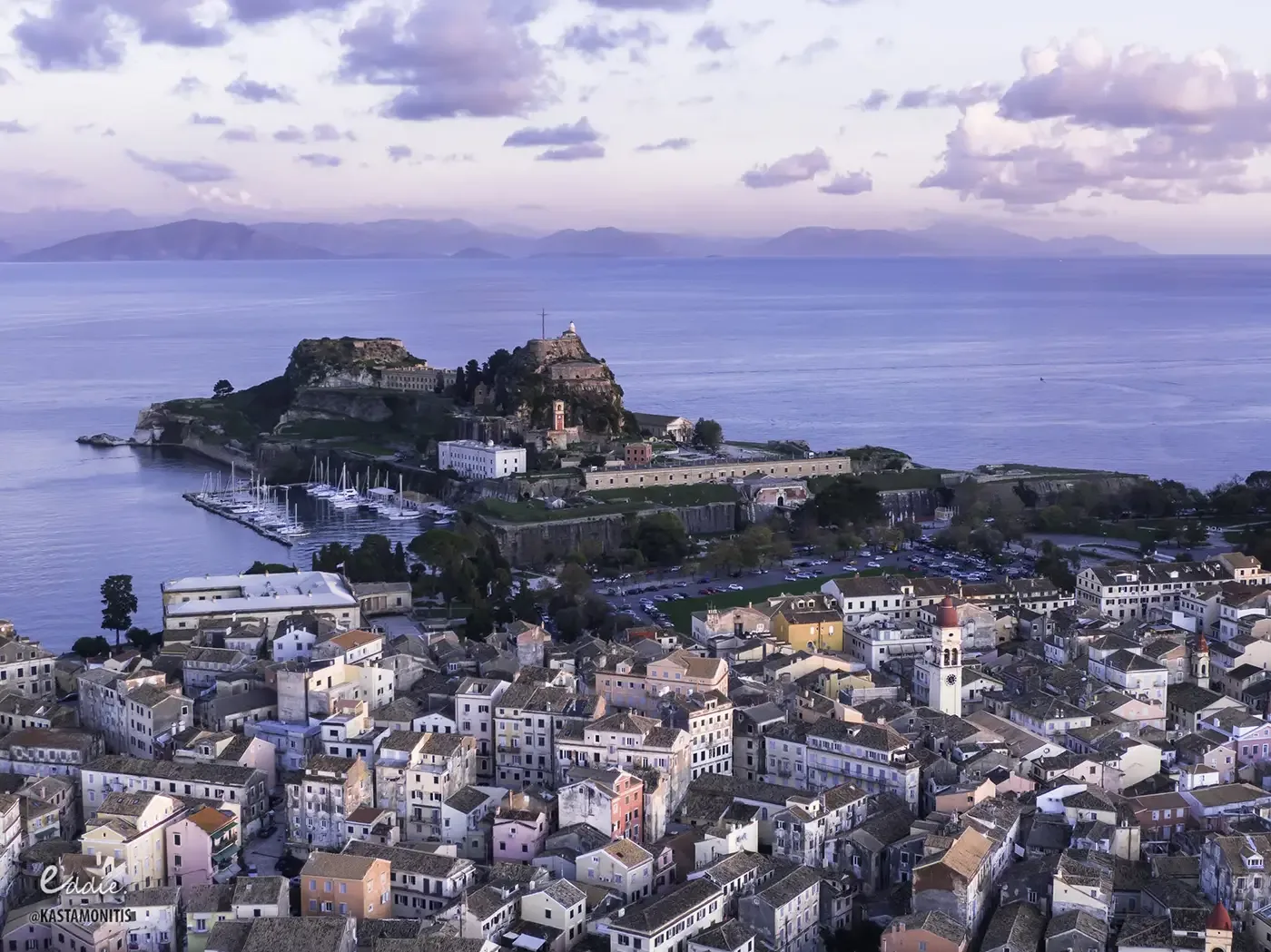 Corfu Old Town and its marina at dusk